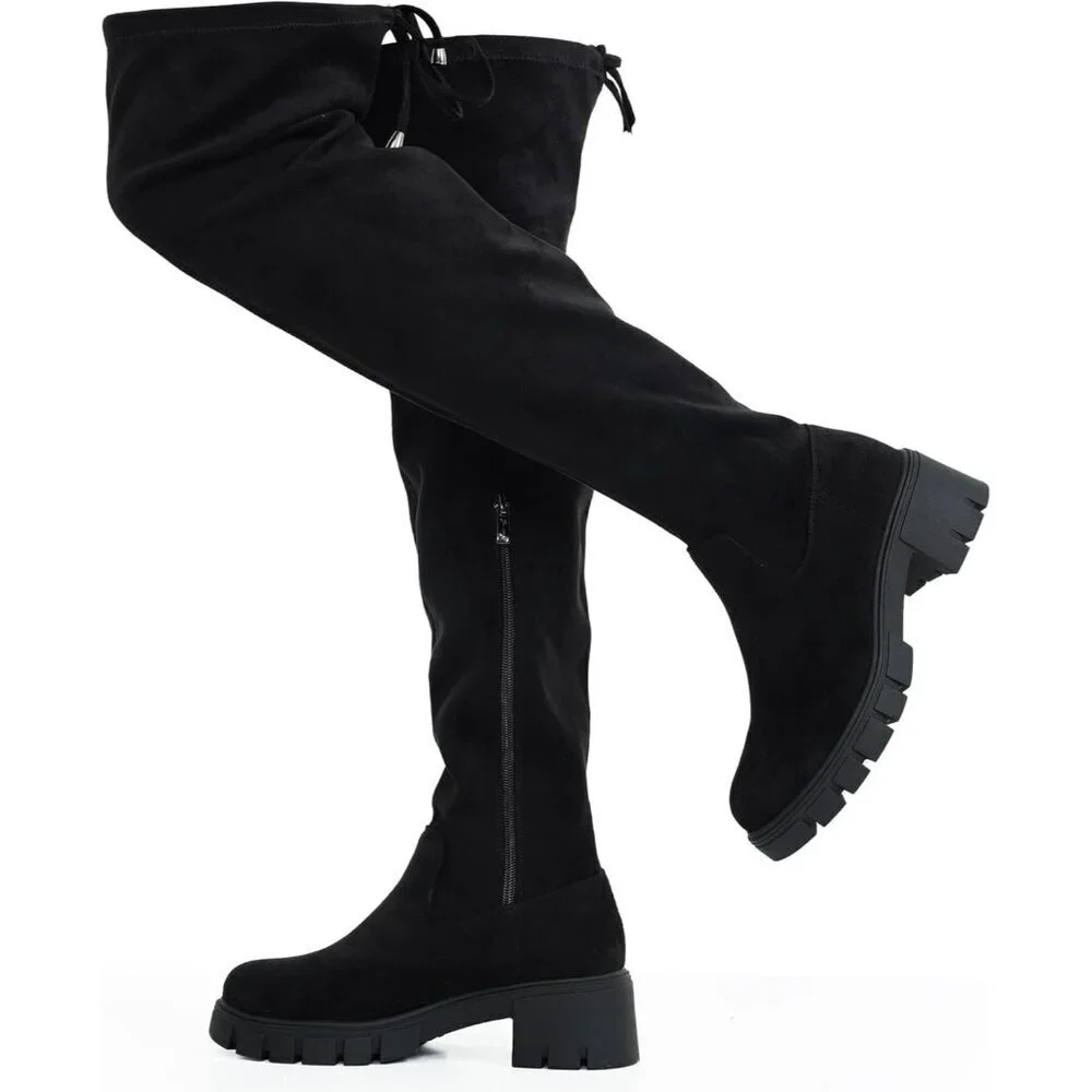 Women's Platform Boots-990-black Over The Knee Thigh High Round Toe Long Boot