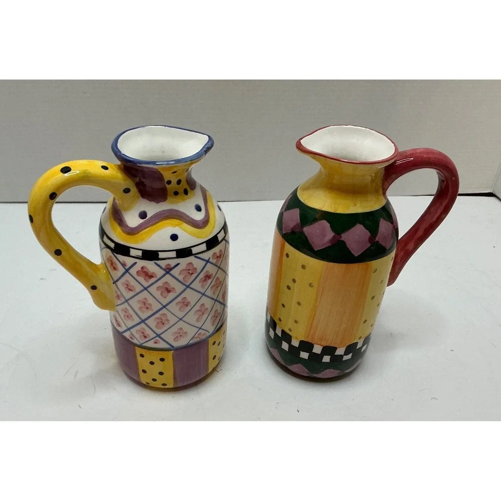 Vintage‎ Ceramic Pitchers Hand Painted Whimsical Set of 2 Multi Color
