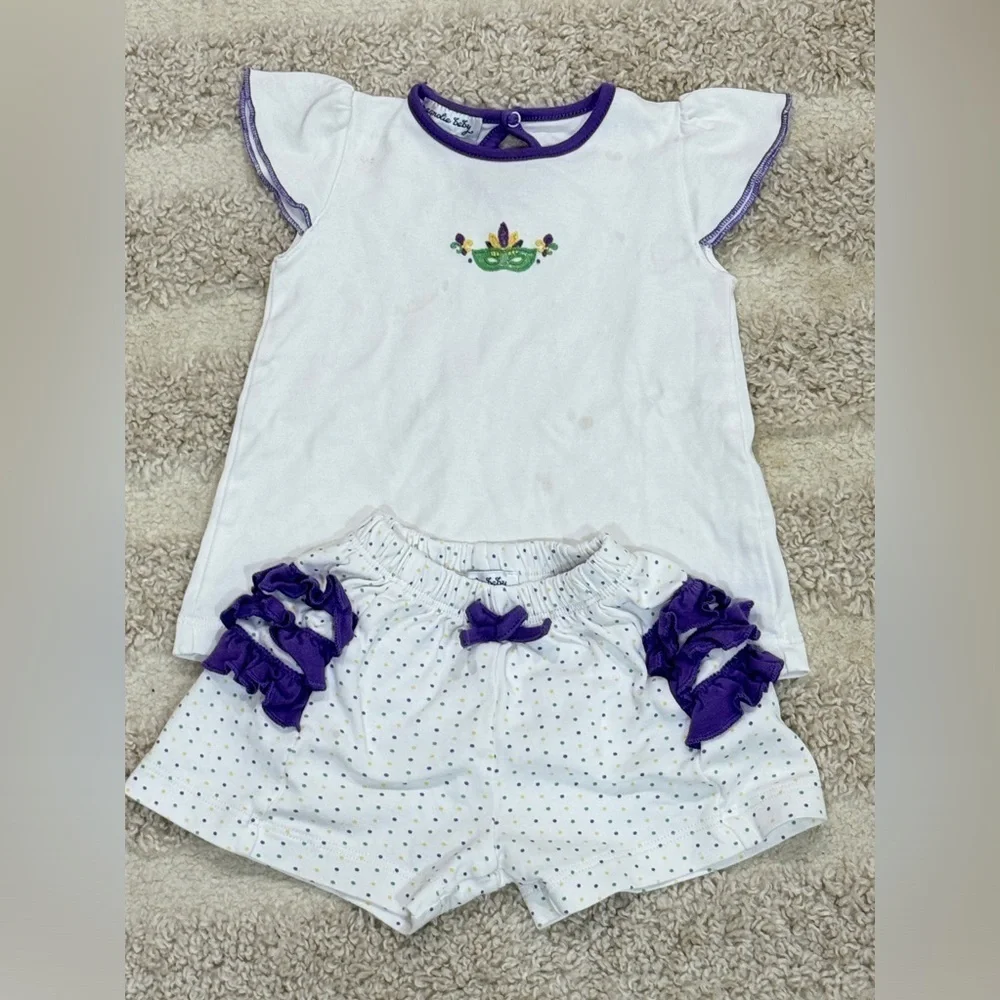 Mardi Gras pima matching set embroidered baby girl ruffles tee smock shorts