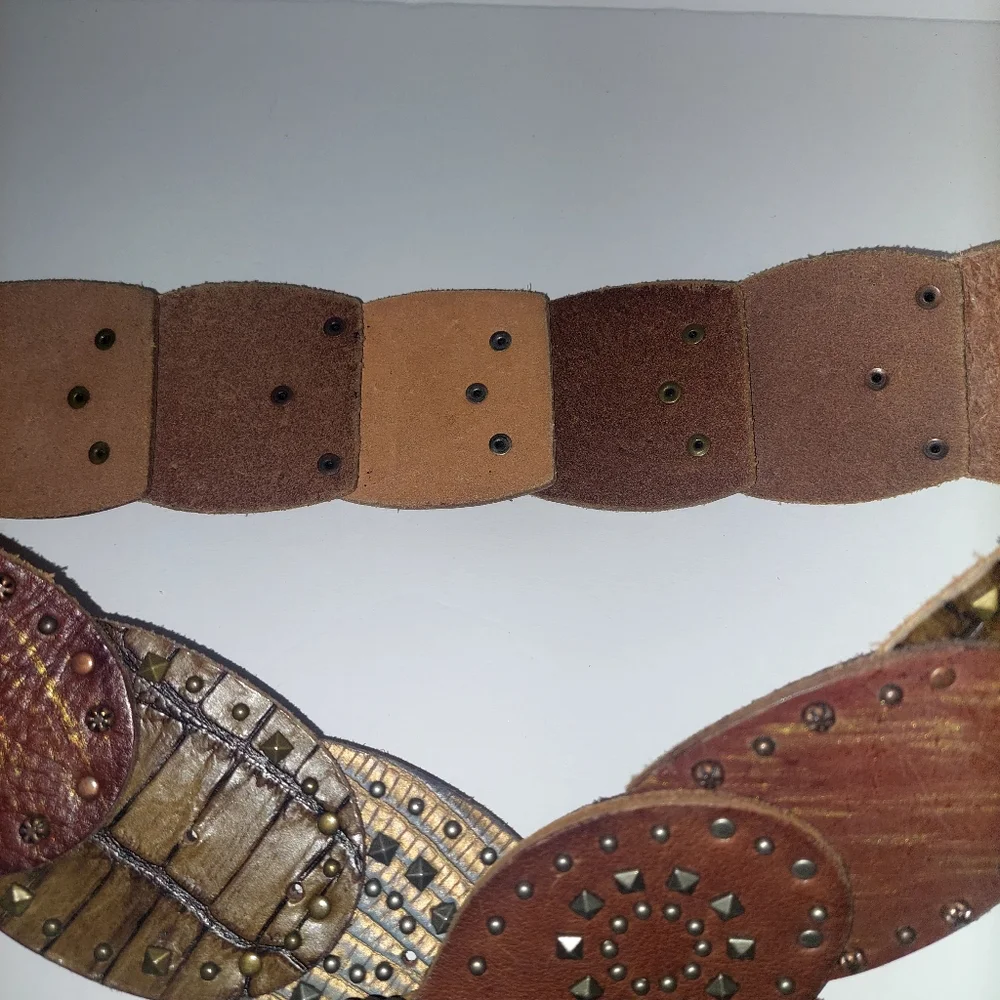 Fossil Multi-Panel Studded Leather Belt in Brown and Bronze Tones