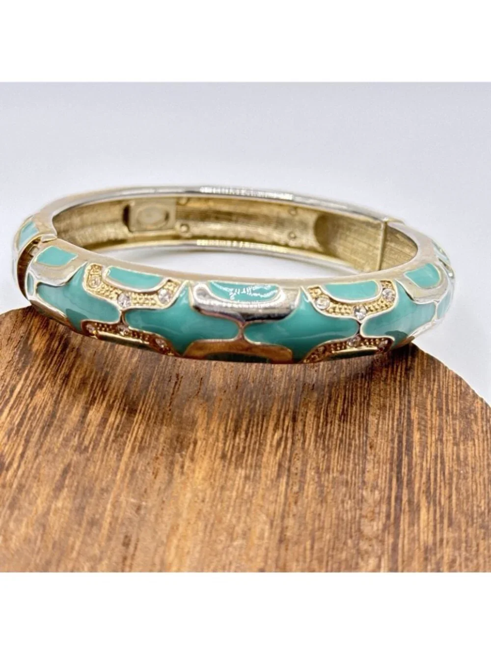 Teal Green Bangle Bracelet Gold Tone Rhinestones Enamel Hinged Clamper 7