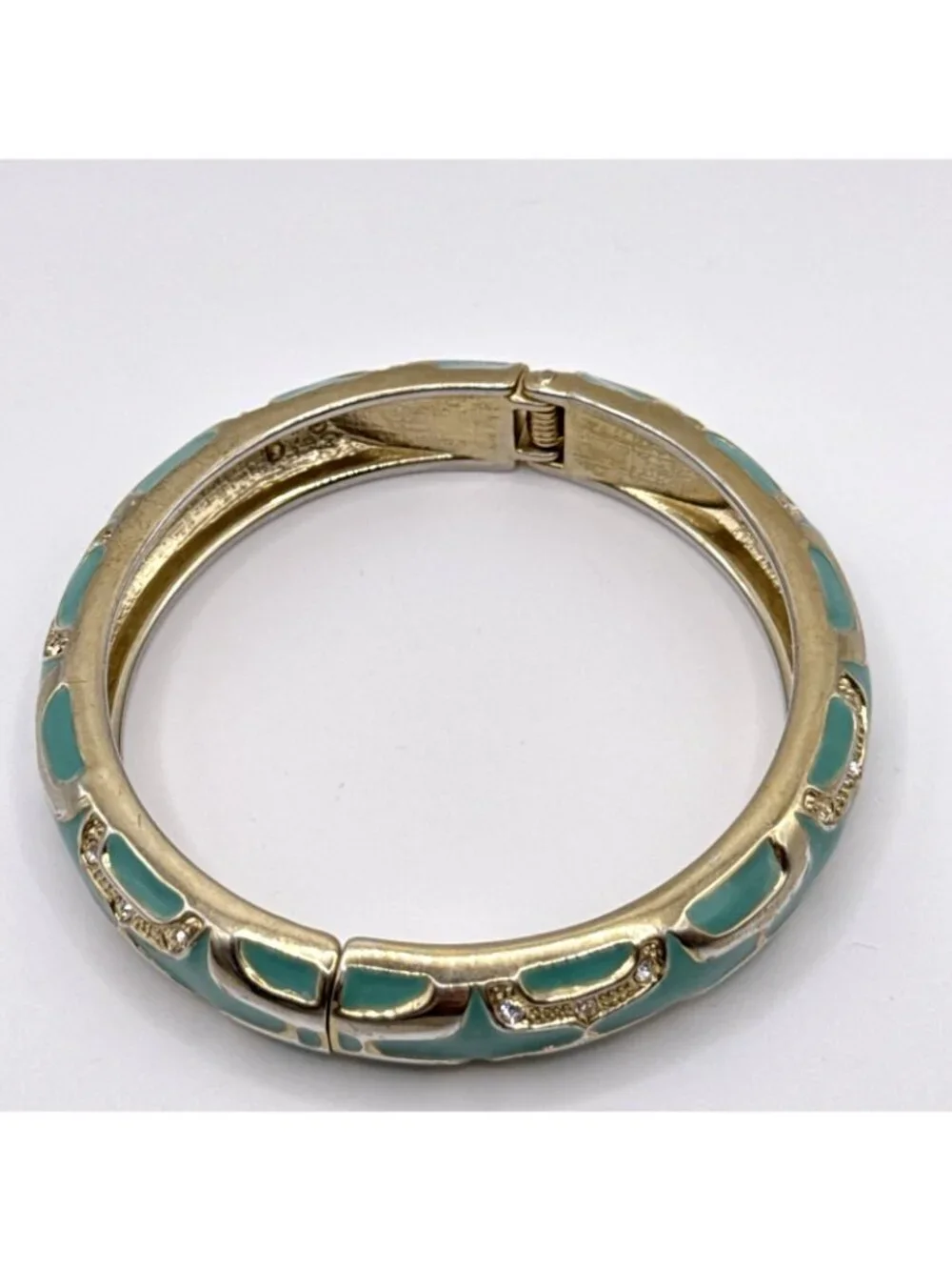 Teal Green Bangle Bracelet Gold Tone Rhinestones Enamel Hinged Clamper 7