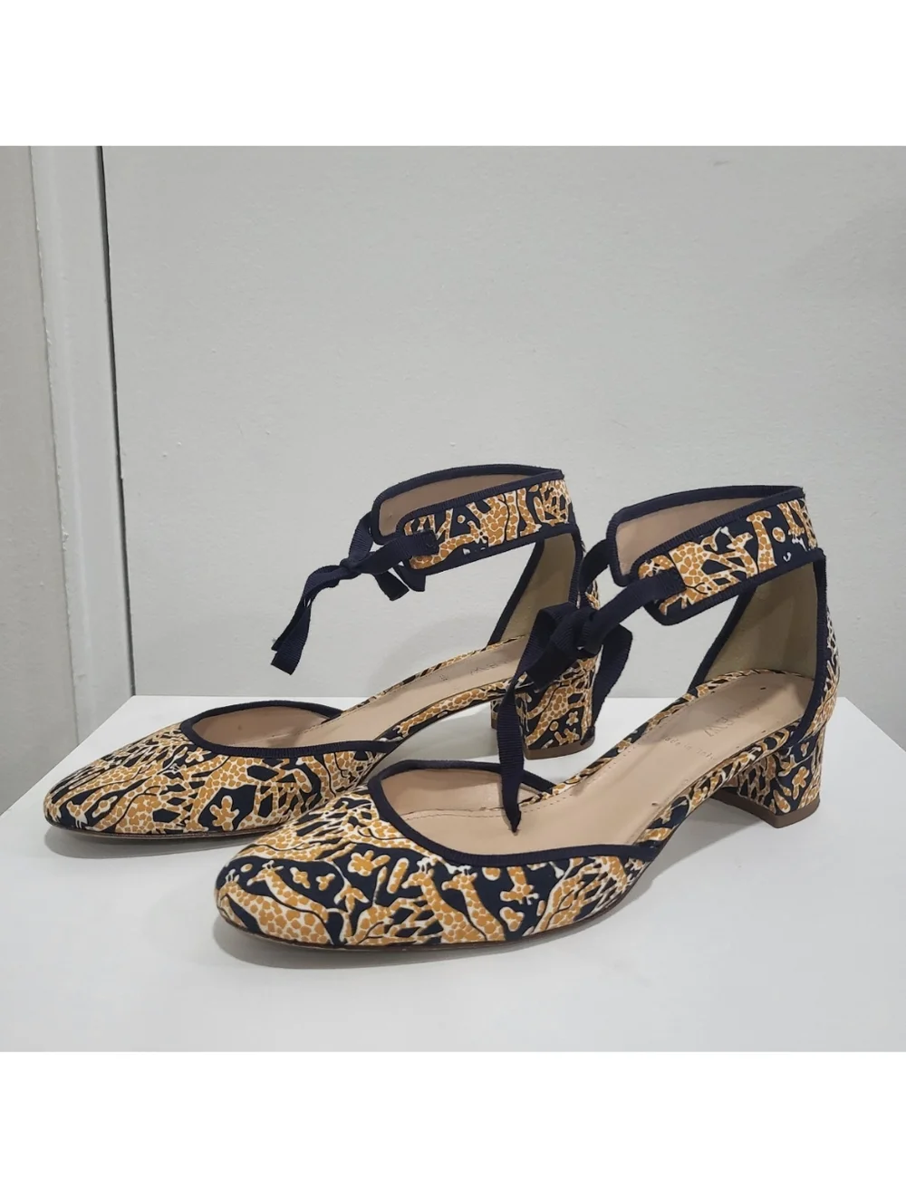 Drakes for J. Crew Giraffe Print Navy & Yellow Block Heel d'Orsay Pumps - Size 9