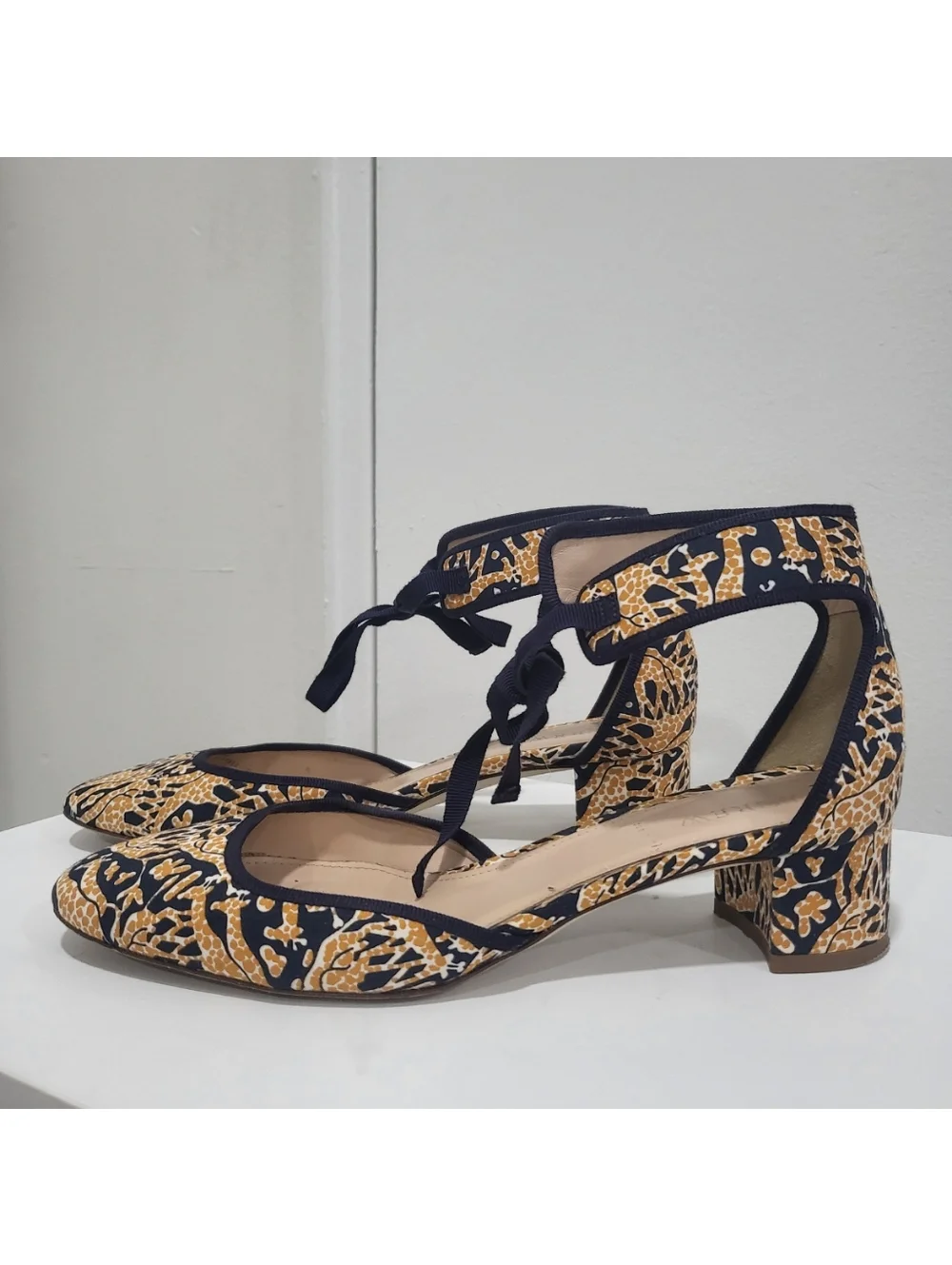 Drakes for J. Crew Giraffe Print Navy & Yellow Block Heel d'Orsay Pumps - Size 9