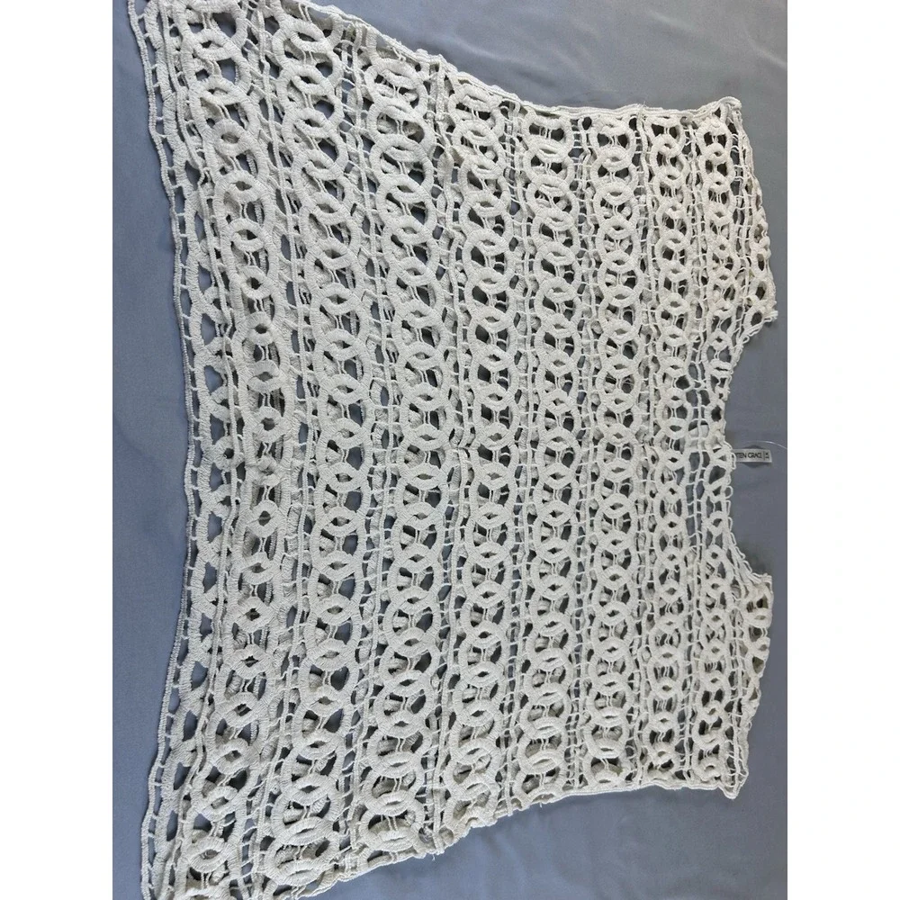 Forgotten Grace Womens Crochet Knit Top Ivory Sleeveless‎ Boho Lace Overlay