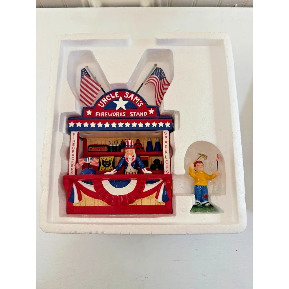 Dept 56 Uncle Sam's Fireworks Stand 2Pc Figures July 4th #54974 Retired