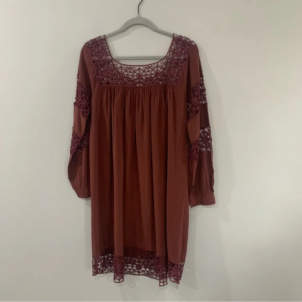 ✅ Ulla Johnson Dress Odile Crochet Mini Long Sleeve in Burgundy