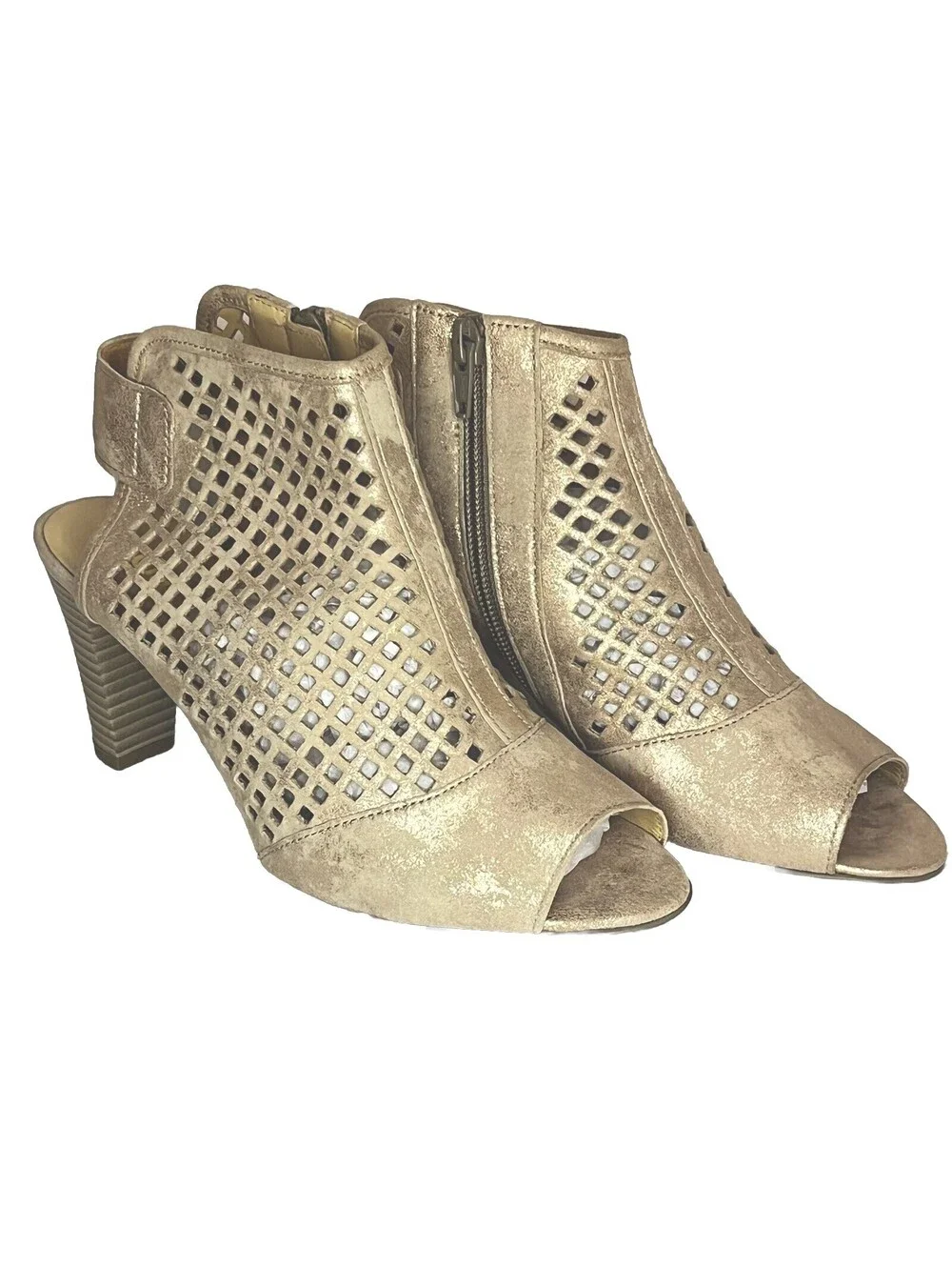 Gabor Metallic Tan Gold Open Toe Pierced Leather Pump US 6.5, UK 4