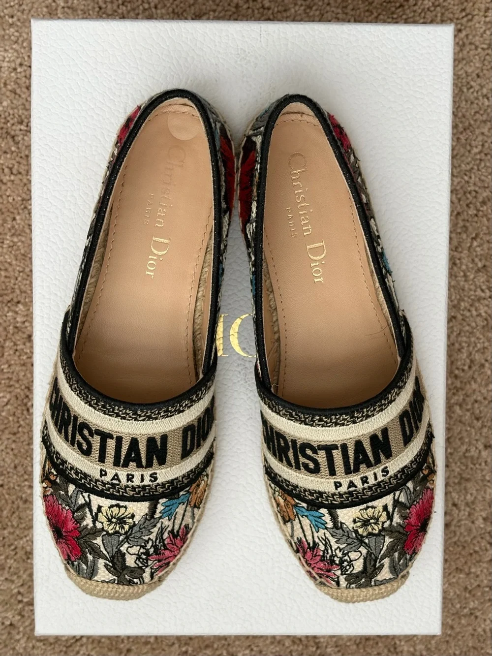Dior Floral Embroidered Espadrilles in Beige and Multicolor