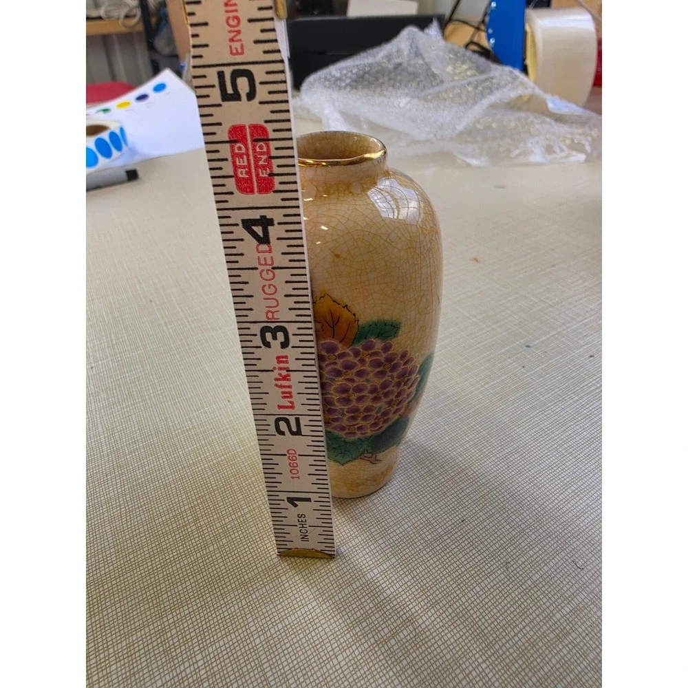 Vintage Homco Bud Vase Made in Japan Crackle Glaze Floral Grape Motif Gold Trim