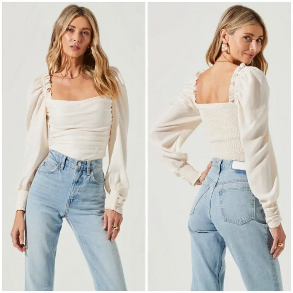 💕ASTR THE LABEL💕 Puff Sleeve Square Neck Top ~ Cream Medium XL NWT