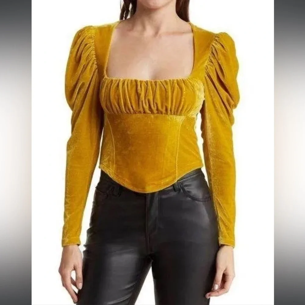 NWT Free People Hold Me Puff Sleeve Velvet Top in‎ glistening gold