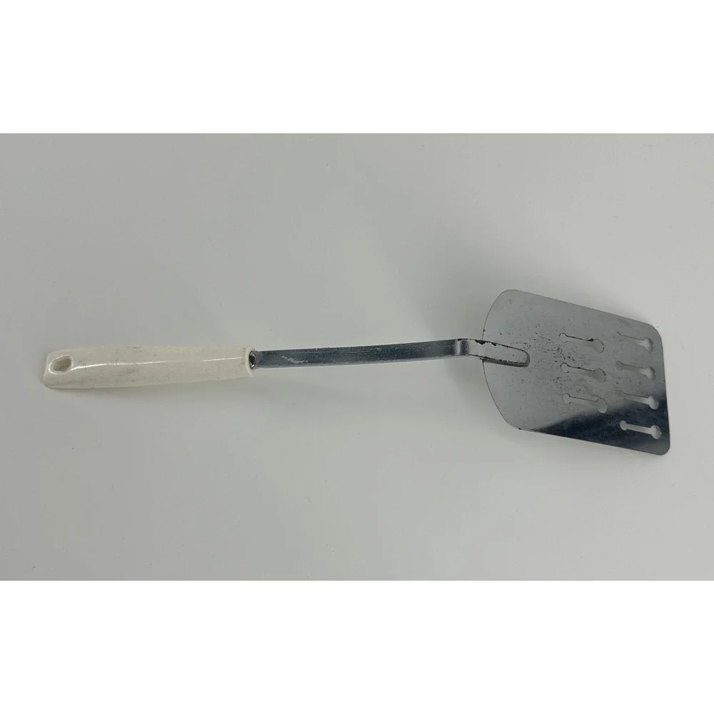 EKCO Vintage Slotted‎ Spatula Turner Chromium Plated USA White Handle MCM Silver