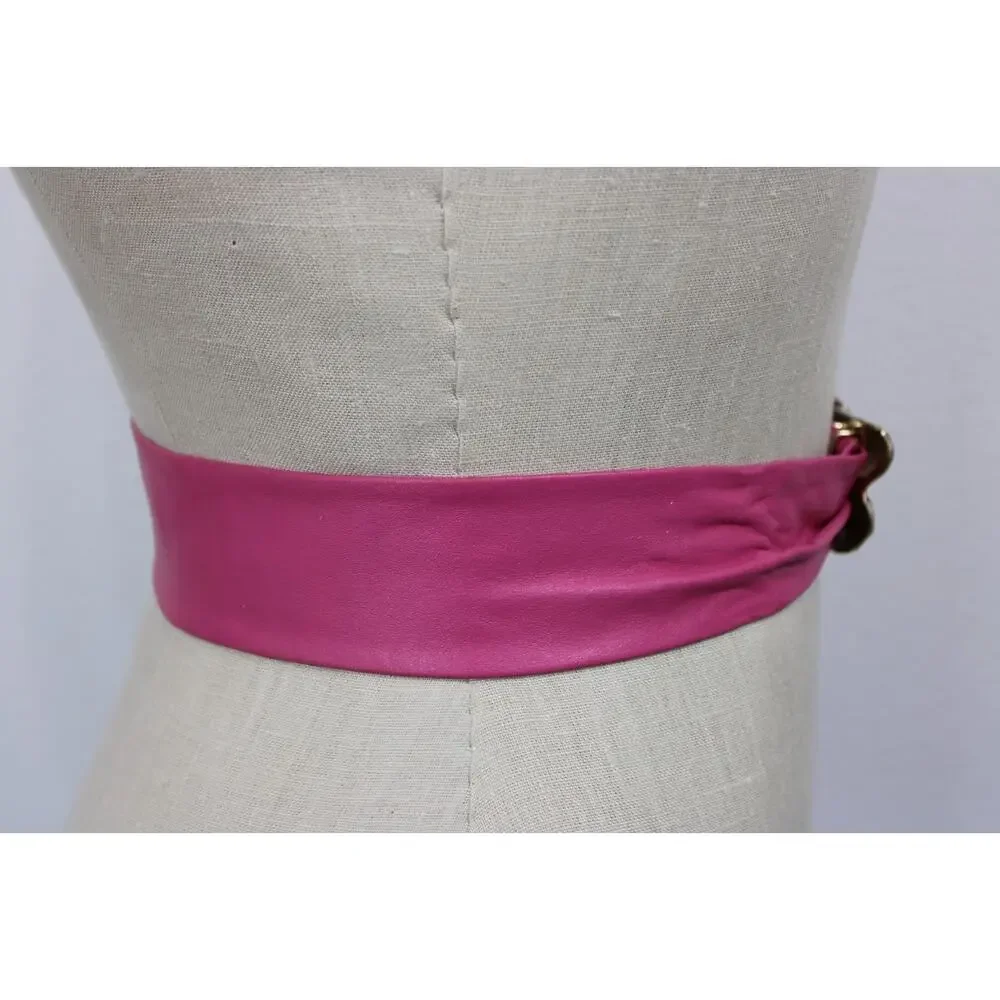 Vintage 80s BELT BUCKLE Pink Leather REVCOR RETRO Gold tone ABSTRACT DESIGN
