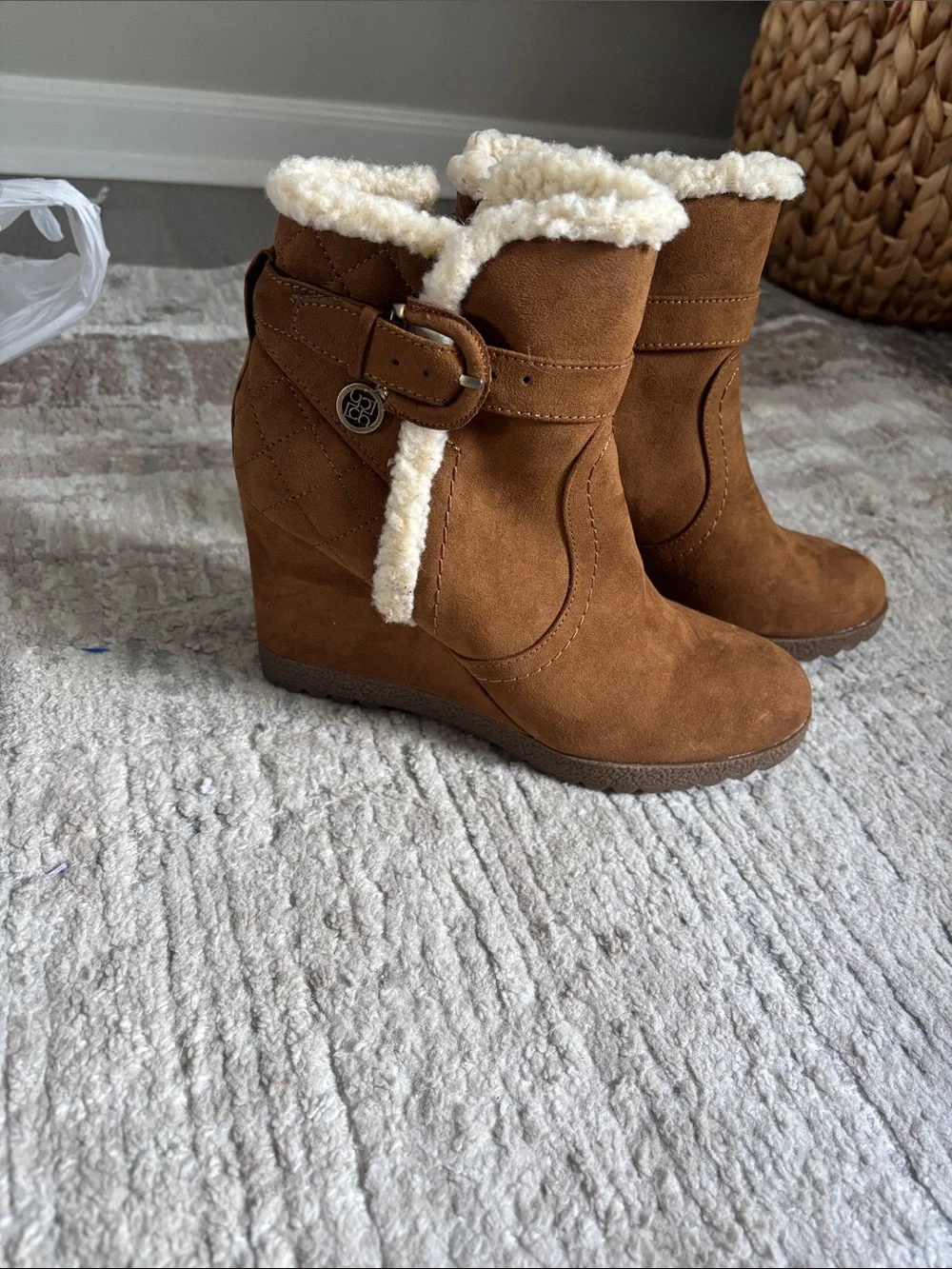 Liz Claiborne Brown Faux Suede Wedge Booties with Cream Shearling