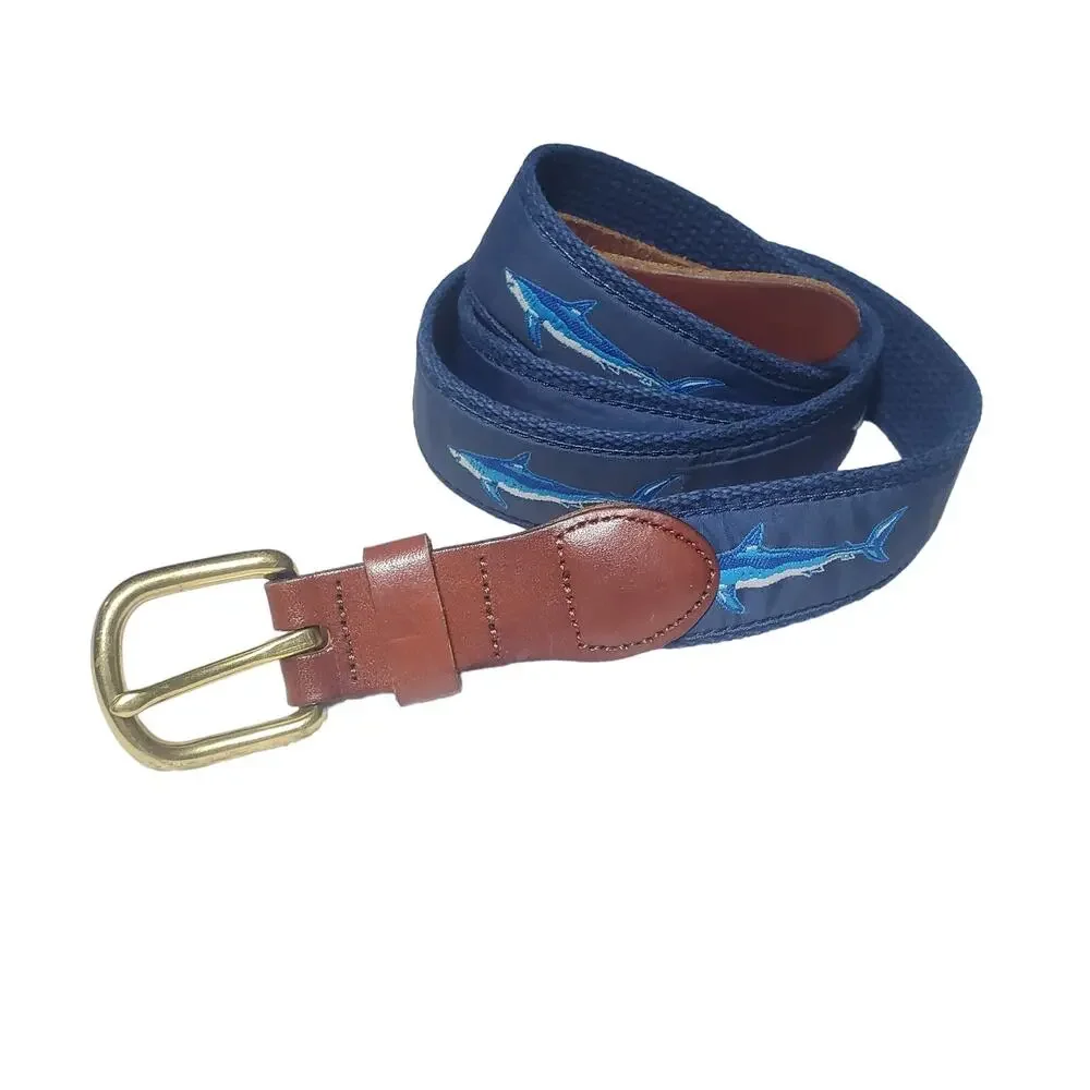 Leather Man Ltd. Fabric Shark Print Belt - Handmade in Essex, CT Preppy Coastal