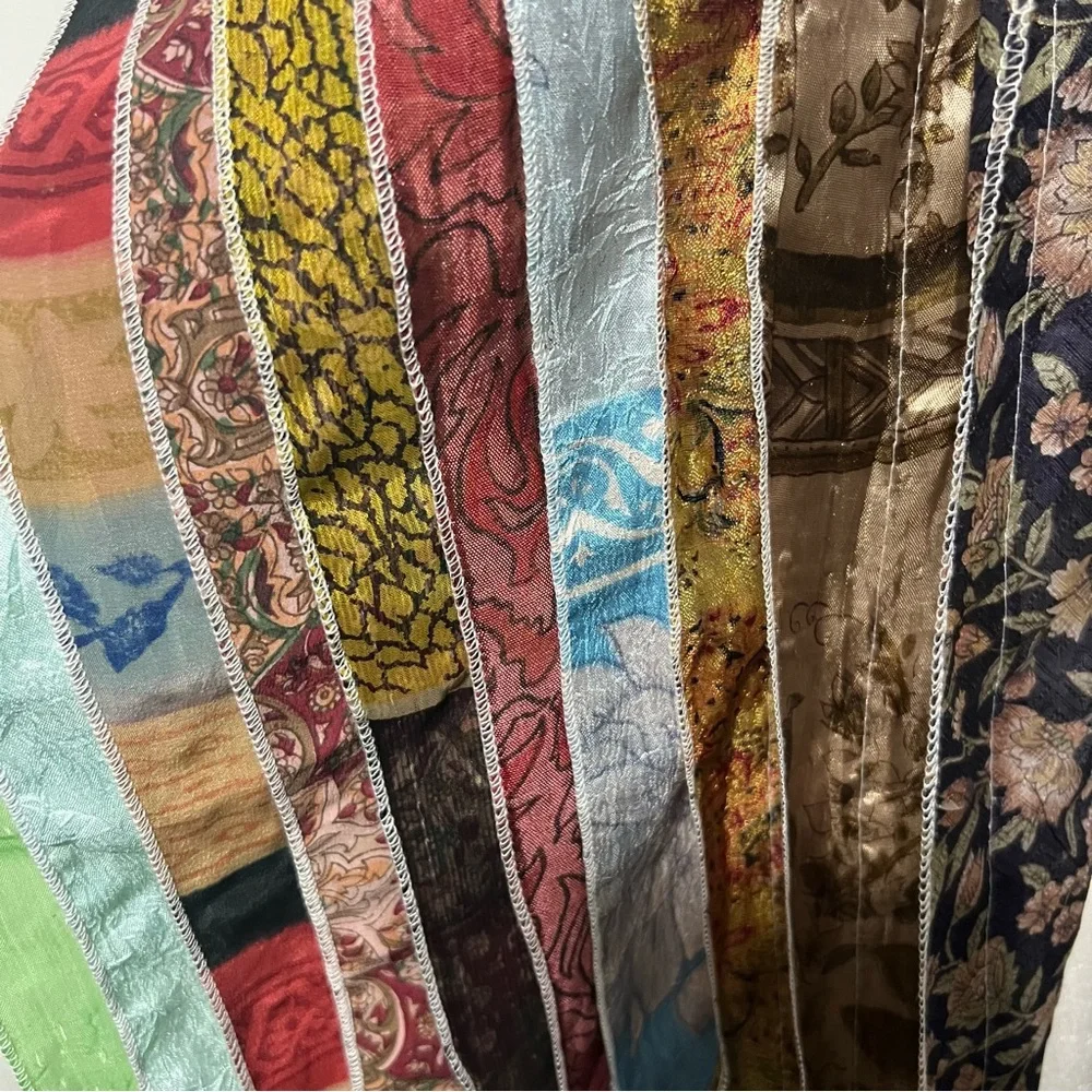 100% Silk Sari Colorful Striped Floral Boho Whimsical Scarf Shawl NWT