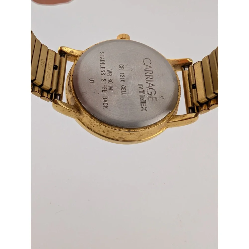 Carriage Timex Watch Women 28mm Case Gold Stretch‎ Band Date- New Battery