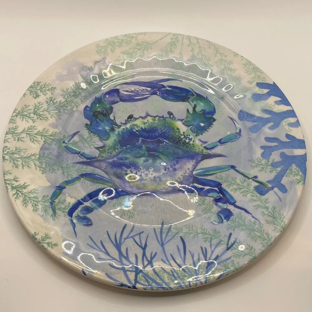 Tommy Bahama Set of 6 Blue Crab Melamine Dinner Plates Nautical Coastal 10.5”