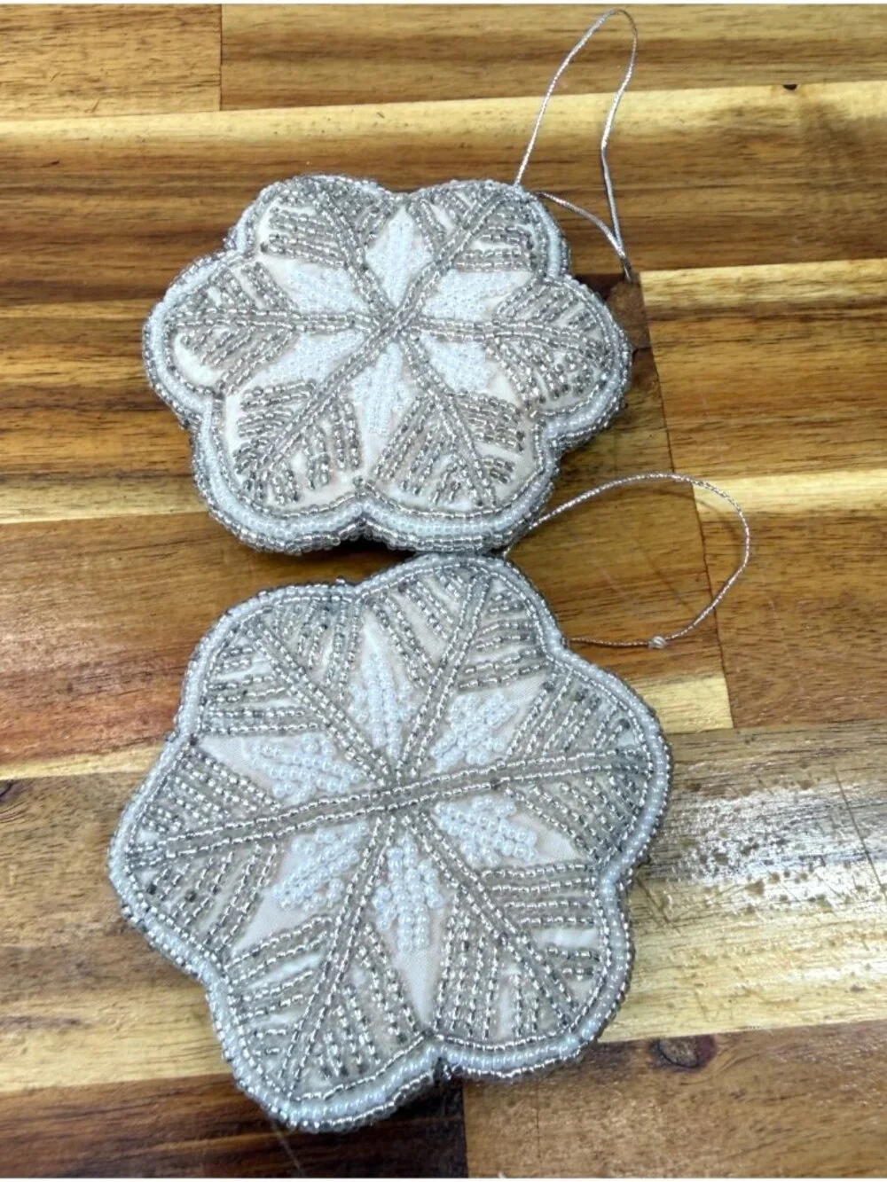 Set of 2 Vintage White & Silver Beaded Snowflake Ornaments - Festive Holiday Tre