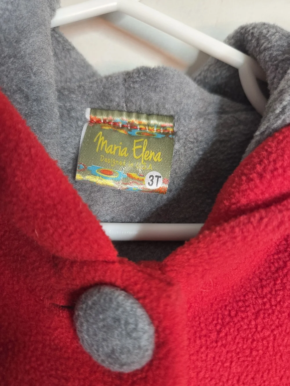 Maria Elena Girls Red Hooded Coat 3T Gray Lined Button Front A-Line
