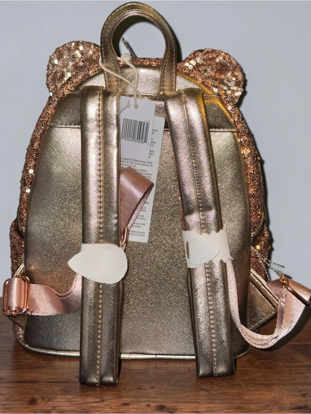 Loungefly Disney Parks  Rose Gold Sequin Mini Backpack with Bow Ears