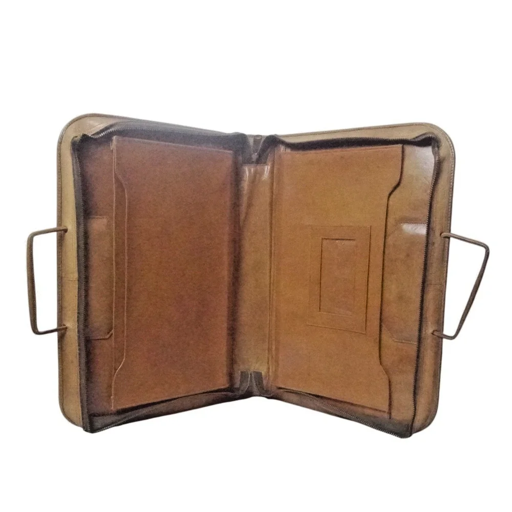 Vintage 1970s Mexican Tooled Leather Briefcase Portfolio Zip Around 14