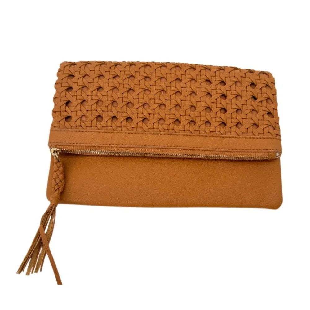 Moda Luxe Woven Foldover Clutch Tassel Cognac Brown‎ Faux Leather Boho Chic