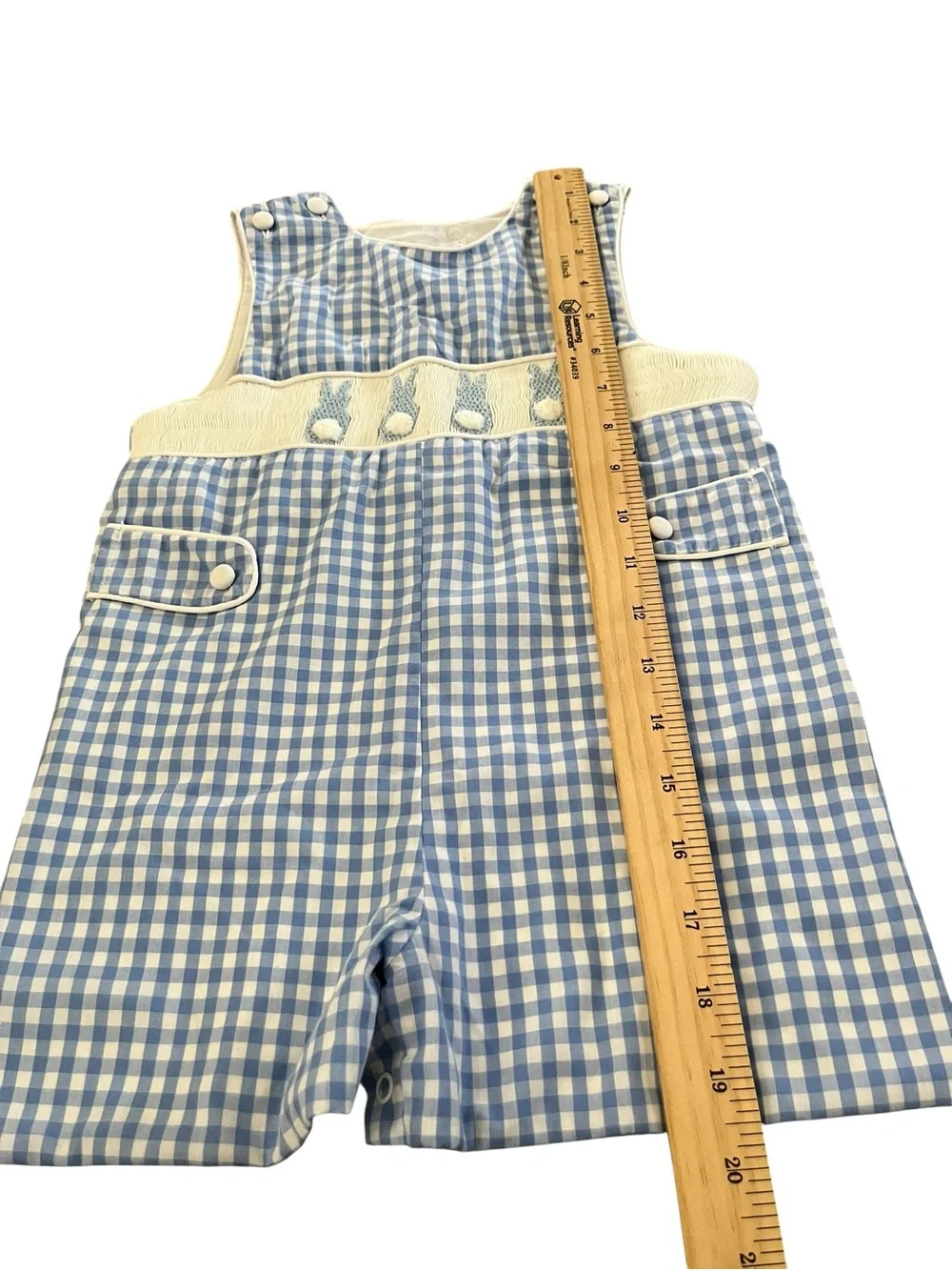 Pleats & Stitches Boys Smocked Bunny Romper Blue Gingham 2T