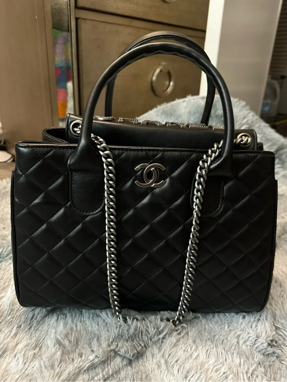 Black Quilted Leather Satchel with Silver Chain