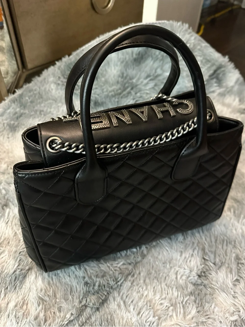 Black Quilted Leather Satchel with Silver Chain