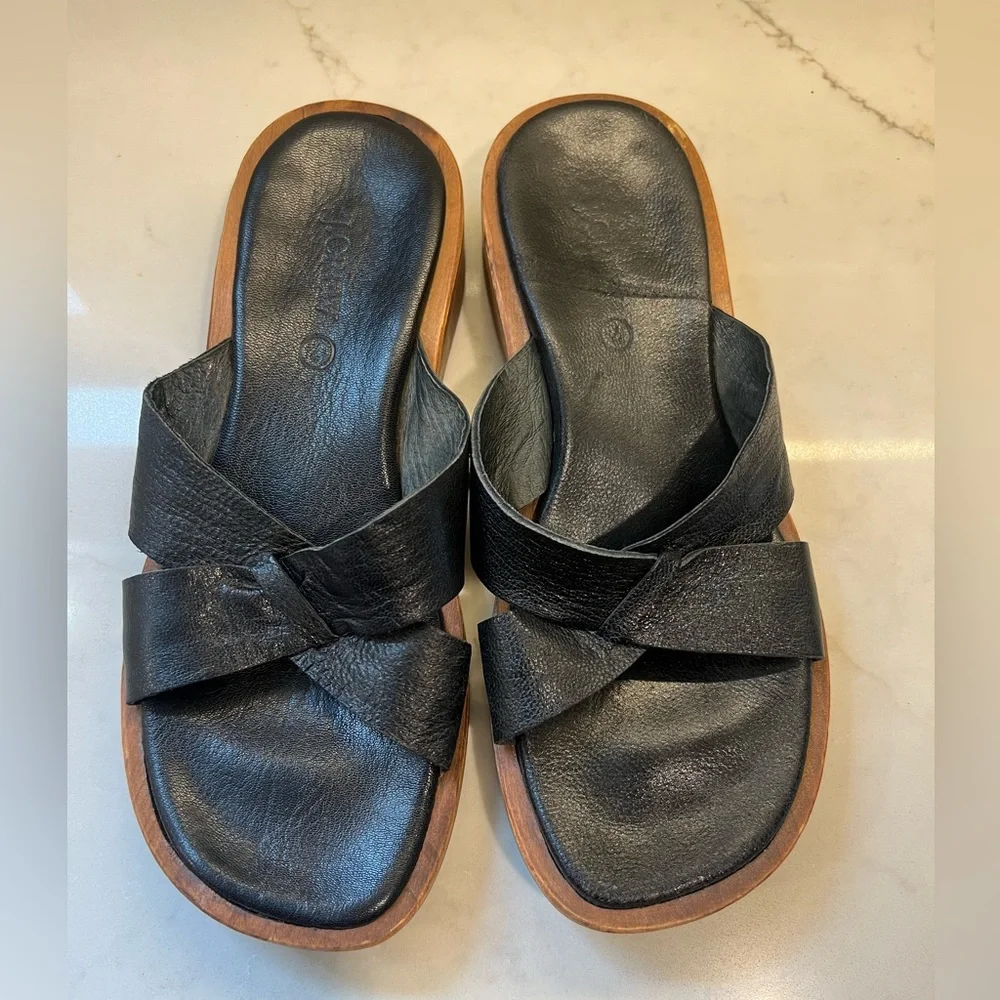 J. Crew Black Leather Wooden Heel Sandals Cross Straps Neutral Minimalist Chic