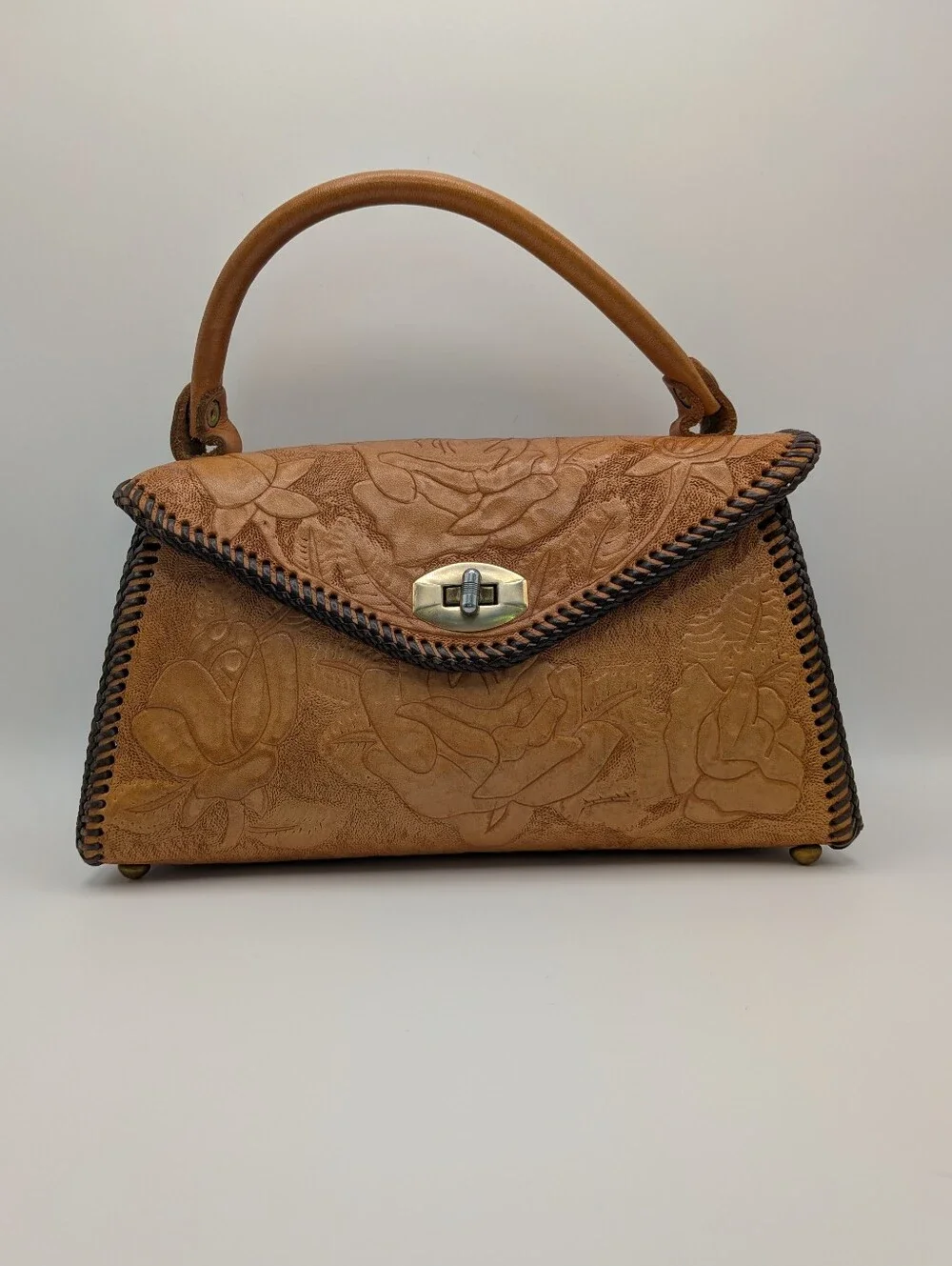 Vintage 70s Hand Tooled Floral Leather Top Handle Bag Purse