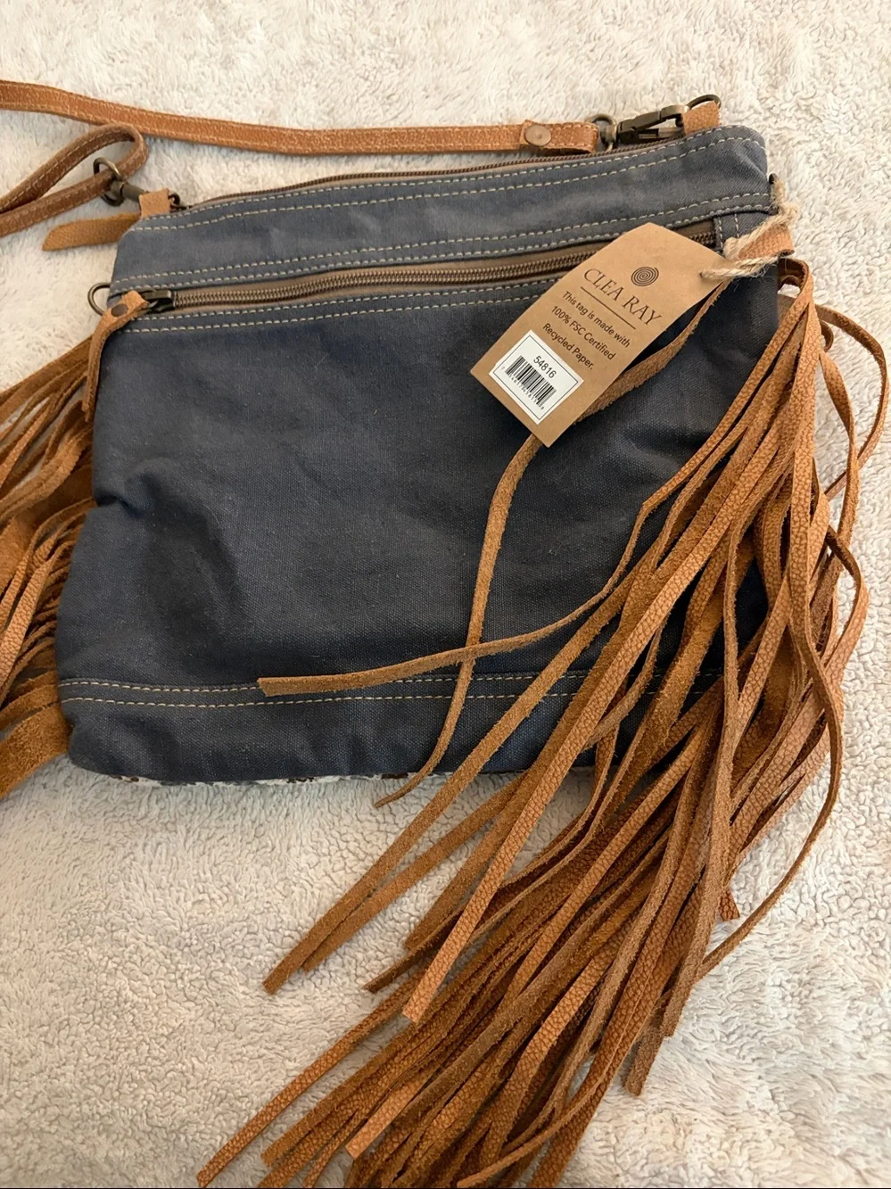 Clea Ray Brown and Blue Crossbody With Fringe Fur and Canvas NEW