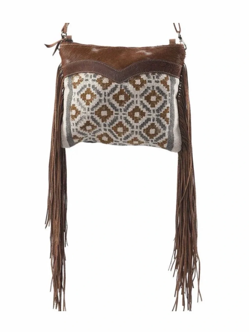 Clea Ray Brown and Blue Crossbody With Fringe Fur and Canvas NEW