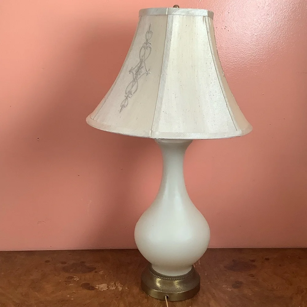 Vintage Bristol Milk Glass 25” Lamp Gold Floral Scrollwork, Modern Fabric Shade