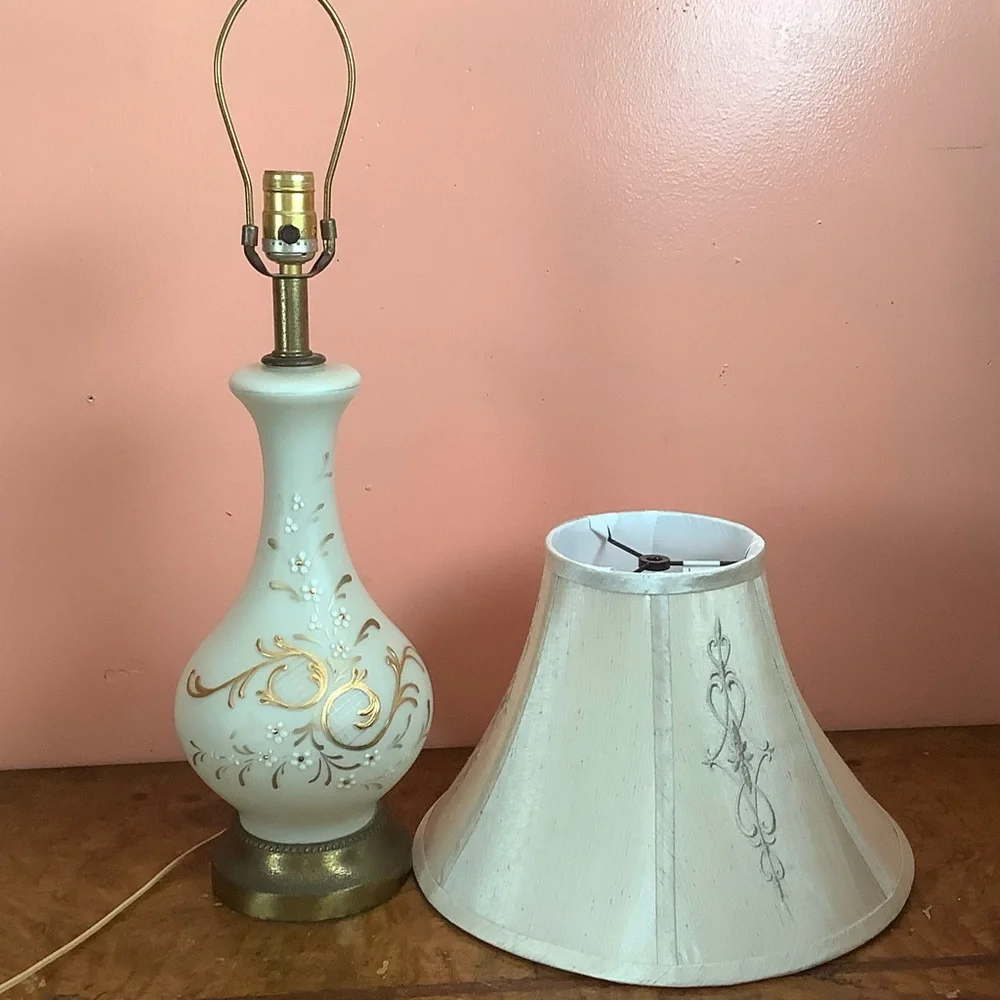 Vintage Bristol Milk Glass 25” Lamp Gold Floral Scrollwork, Modern Fabric Shade