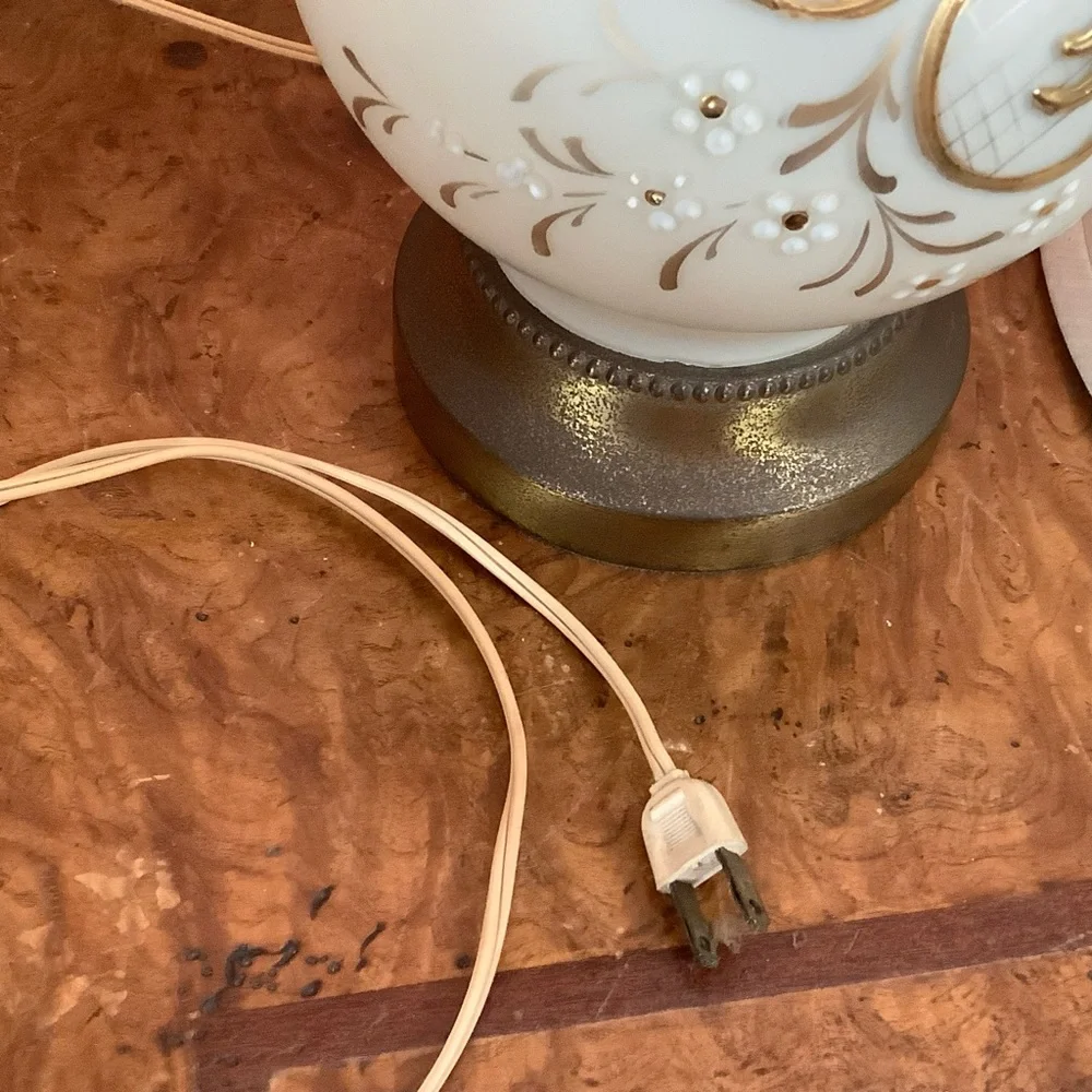 Vintage Bristol Milk Glass 25” Lamp Gold Floral Scrollwork, Modern Fabric Shade