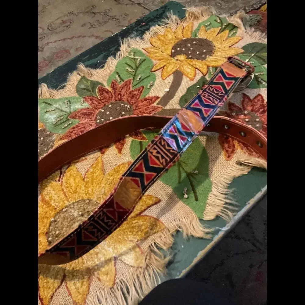 Vintage Southwestern Patterned Leather Belt with Decorative Buckle