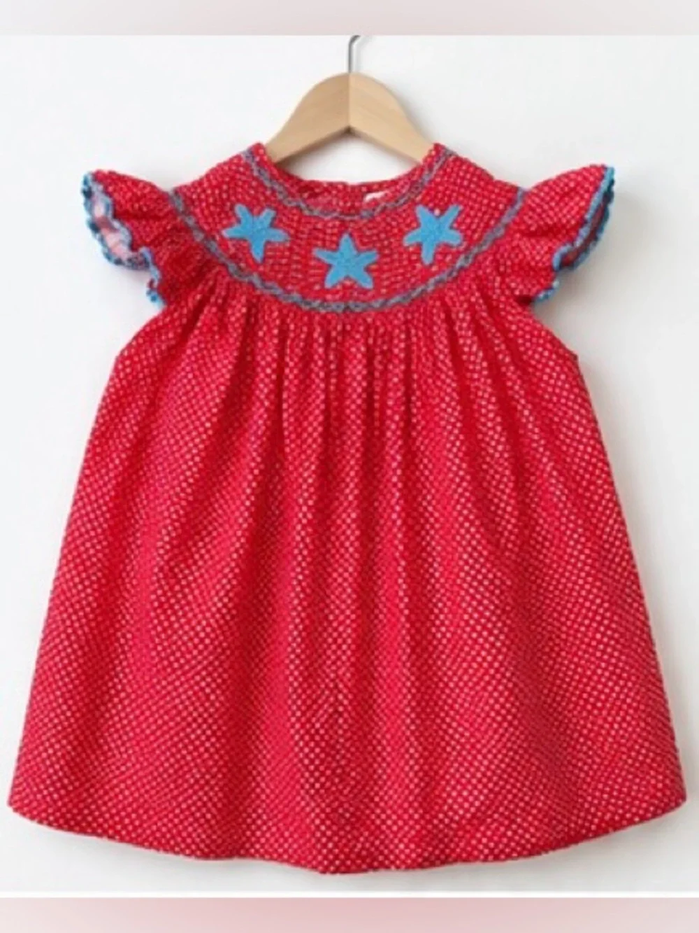 Hand Smocked Starfish Dress Girls 12-18M Red Polka Dot Boutique Patriotic Beach