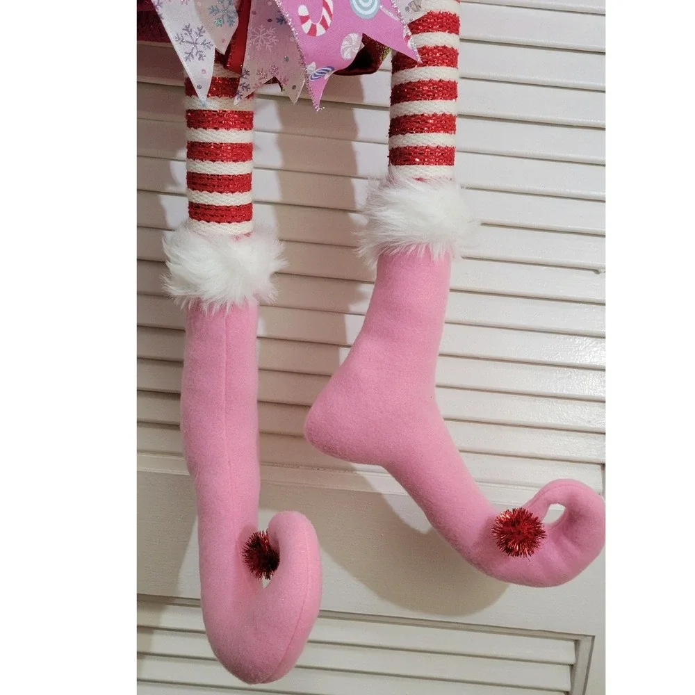 Pink Christmas Elf Wreath Holiday Door Decor Deco Mesh Ribbon 36 Inch Large