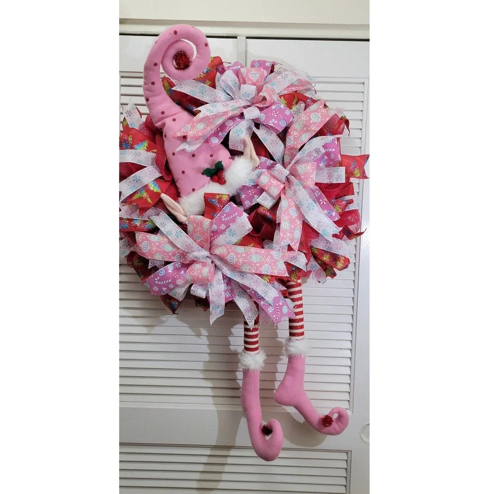 Pink Christmas Elf Wreath Holiday Door Decor Deco Mesh Ribbon 36 Inch Large