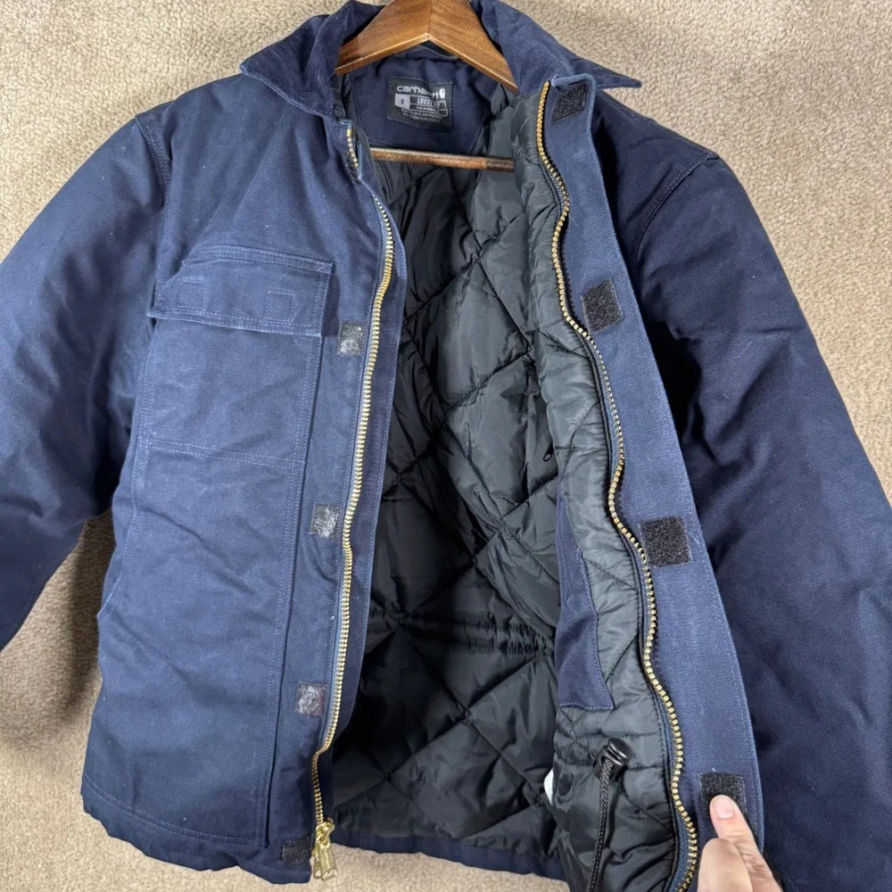 Carhartt Duck Work Jacket Men's Small Navy Loose Fit Insulated Toyota Logo Coat