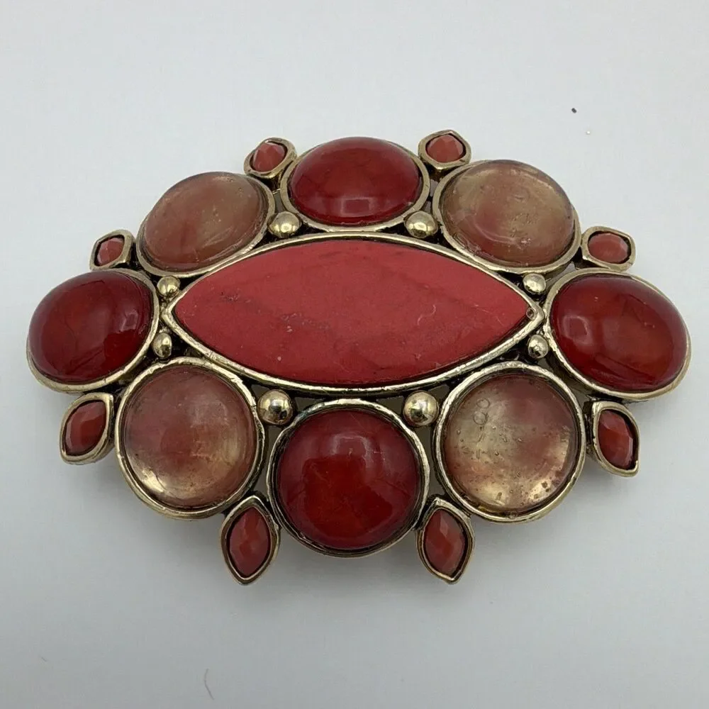 Signed Oval Red and Orange Cabochon Stone Brooch Pin Gold Tone Bezel Set