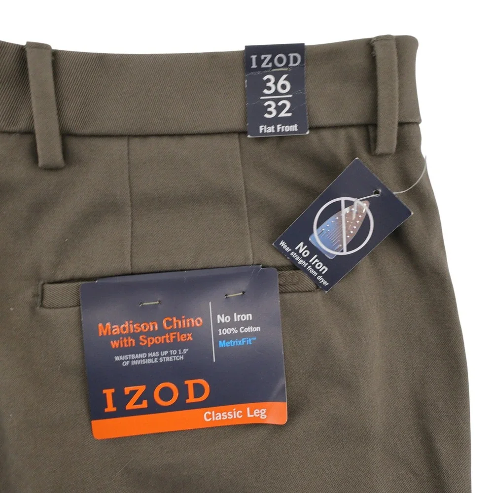 NEW‎ IZOD Madison SportFlex Flat Front Chino Pants Tarmac Mens 36x32