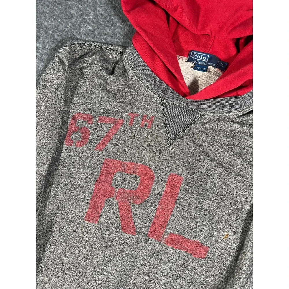 Vintage Polo Ralph Lauren Hoodie Mens XL Grey Red 67th RL Military Afterhood
