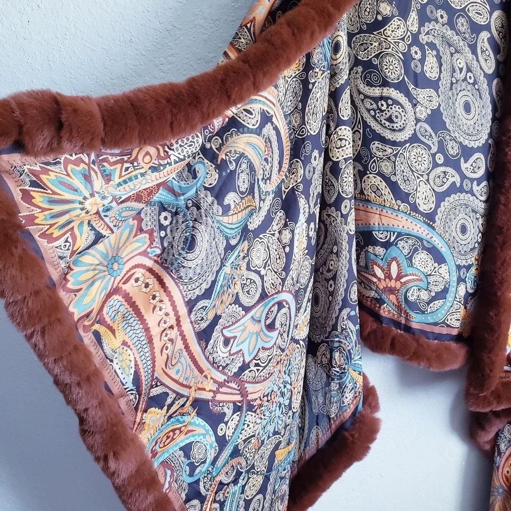 La Fiorentina Paisley Wrap Scarf with Faux Fur Trim
