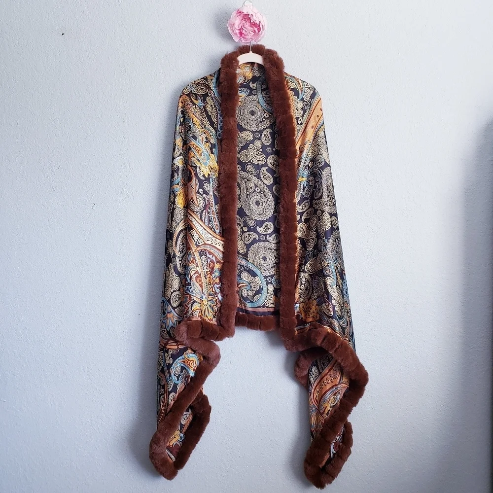 La Fiorentina Paisley Wrap Scarf with Faux Fur Trim
