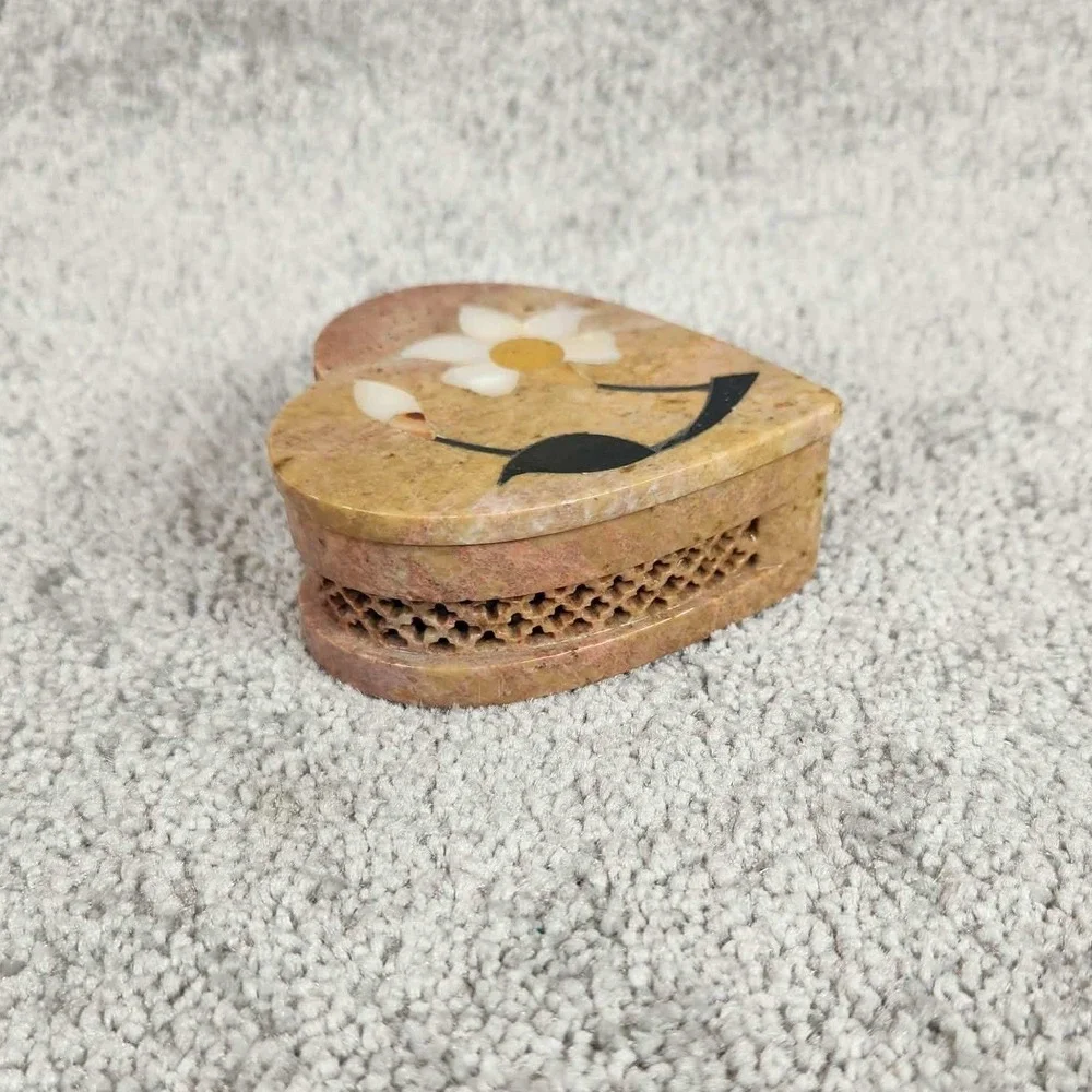 Heart Soapstone Floral Inlay Lattice Carved Trinket Box with Mother of Pearl Tan