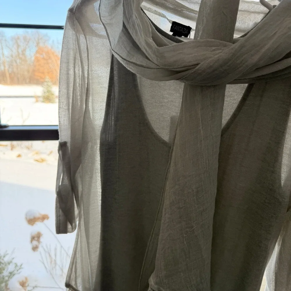 Fantazia Women Gray 3 Pc Set Linen Blend Tunic Tank Sheer Overlay‎ Scarf MED New